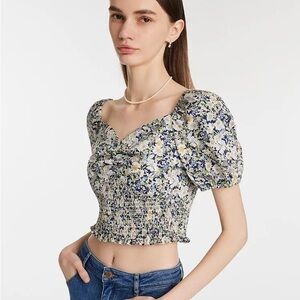 Goelia Floral Print Smocked Puff Sleeve Top Square Neck Size S Cotton Comfy